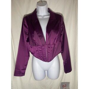 Milk & Honey Purple Satin Corset Blazer Top Long Sleeve Hook & Eye Size XL